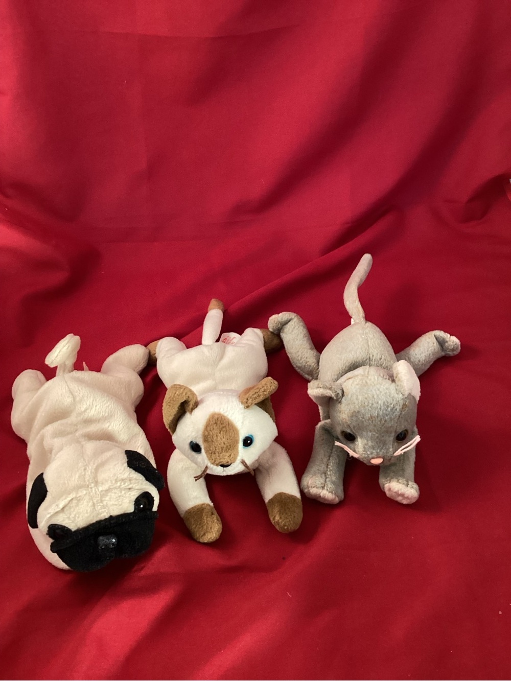3 vintage Ty Plush Pugsly Dog and Snip and Scat cats